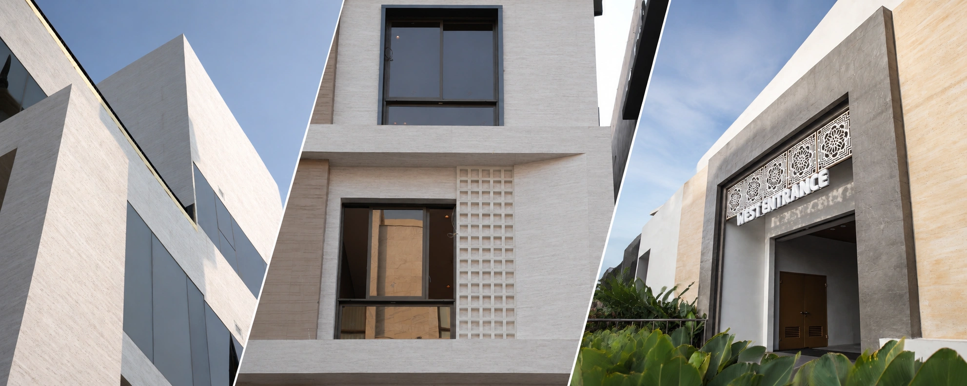 Three architectural facades showcasing PHOMI Travertine flexible stone