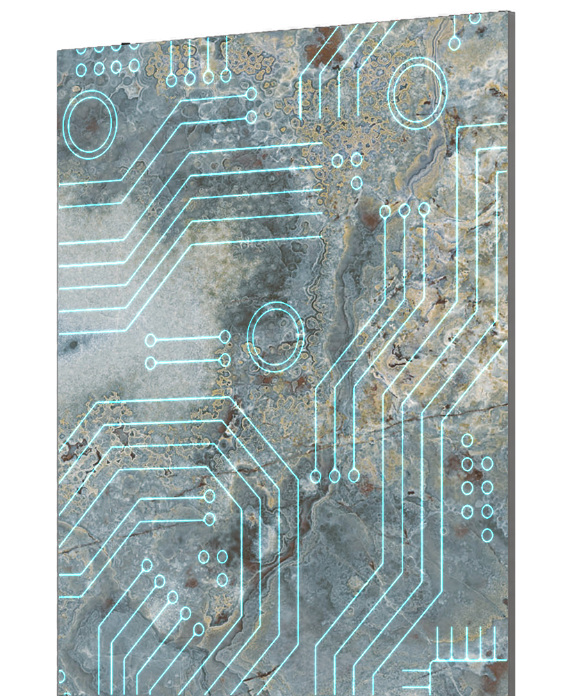 Stone-textured solar facade with illuminated circuitry